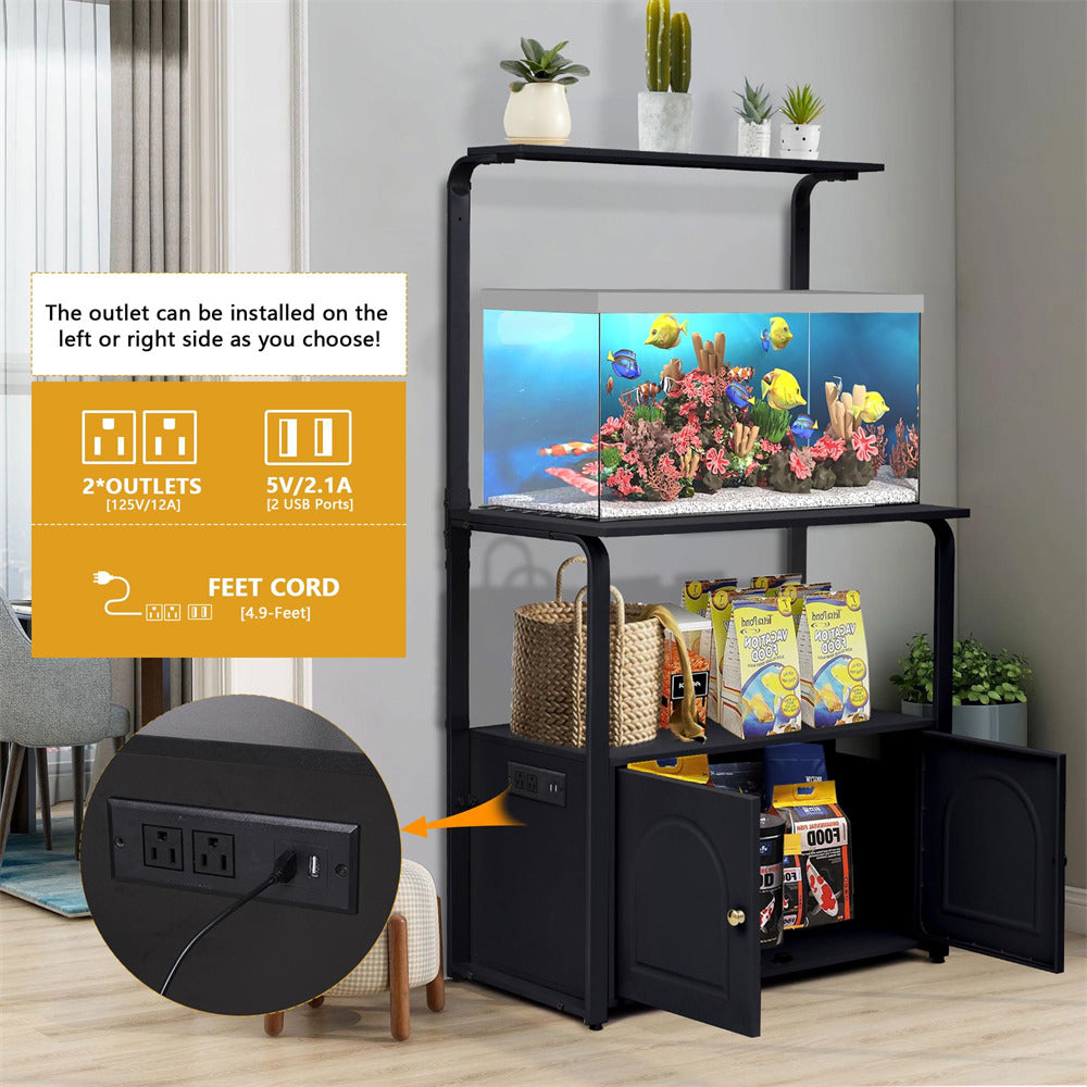 Black 40 Gallon Fish Tank Stand with Power Outlets and Led Light