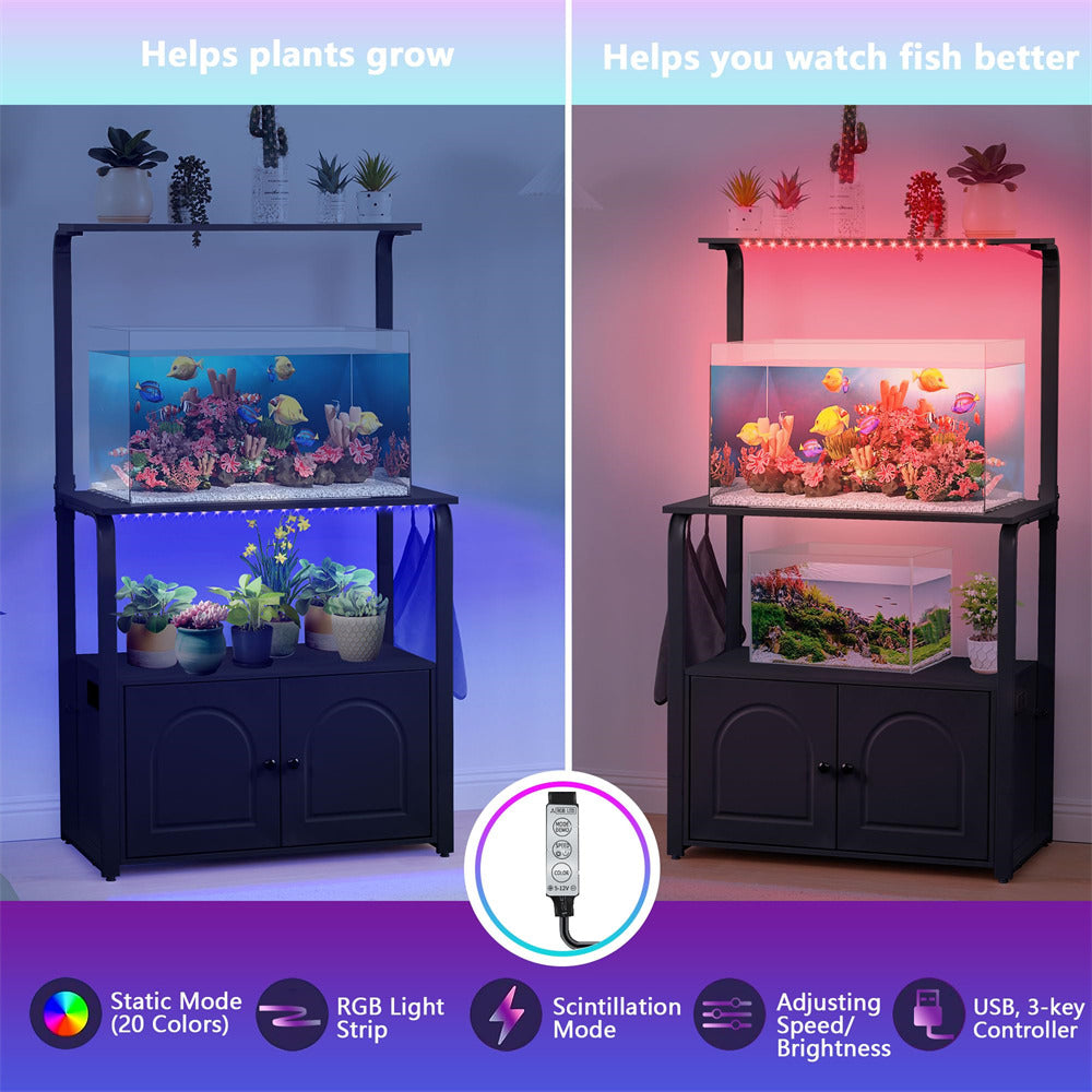 Black 40 Gallon Fish Tank Stand with Power Outlets and Led Light