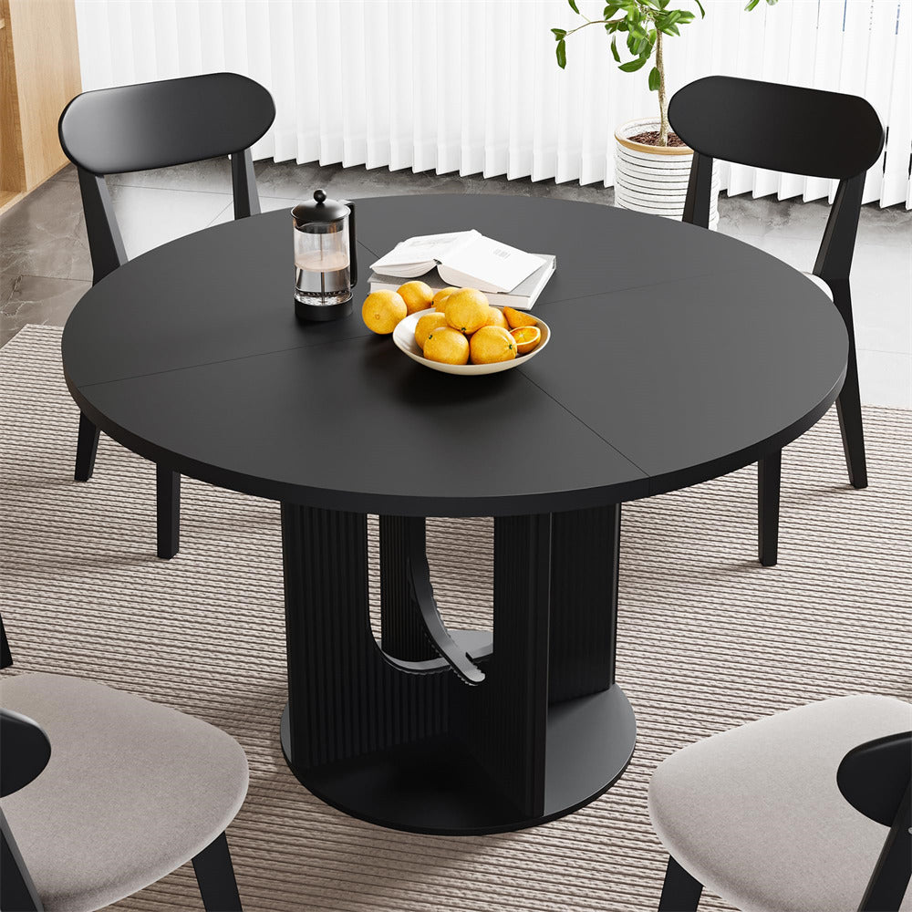 Black 47 Inch Farmhouse Round Fluted Dining Table Circle Kitchen Table with Wooden Pedestal Base