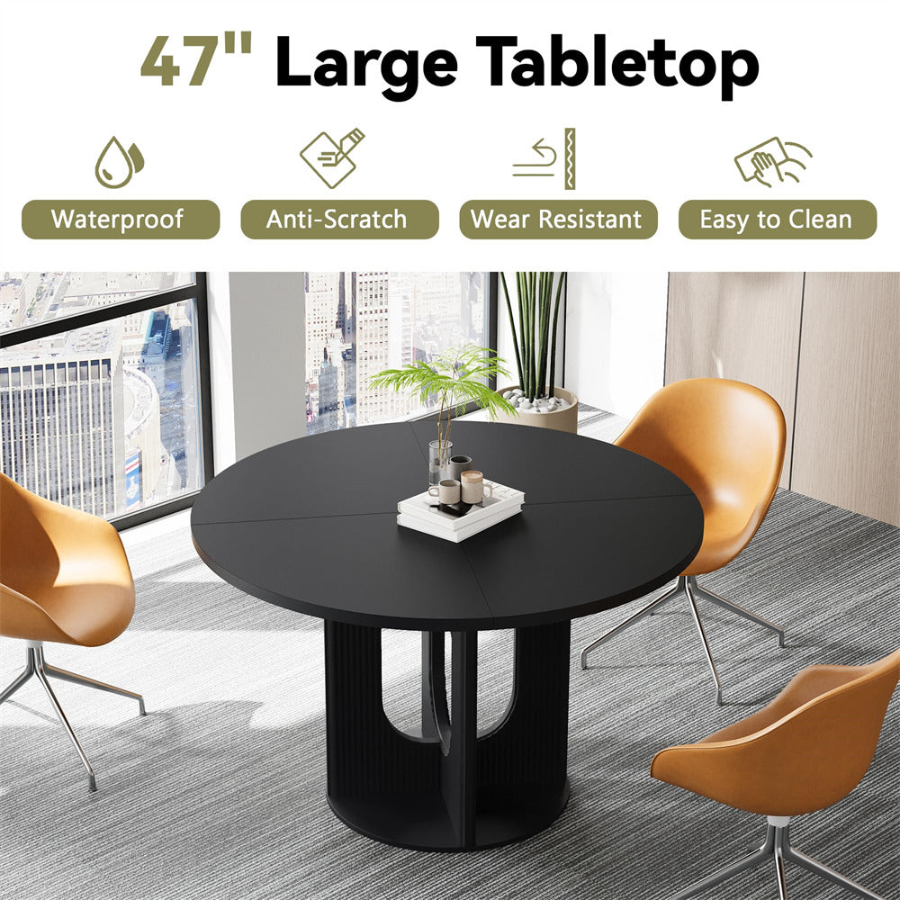 Black 47 Inch Farmhouse Round Fluted Dining Table Circle Kitchen Table with Wooden Pedestal Base