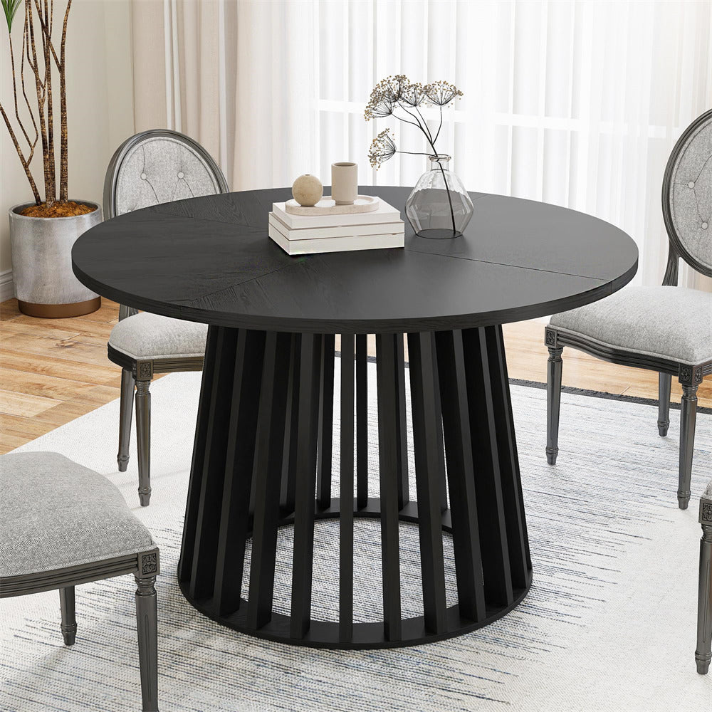 Black 47 Inch Rustic Round Dining Table Farmhouse Kitchen Table with Wood Strip Base