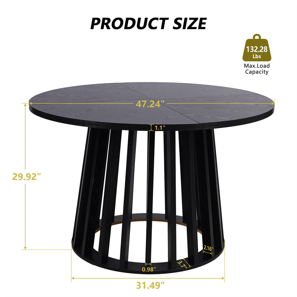 Black 47 Inch Rustic Round Dining Table Farmhouse Kitchen Table with Wood Strip Base