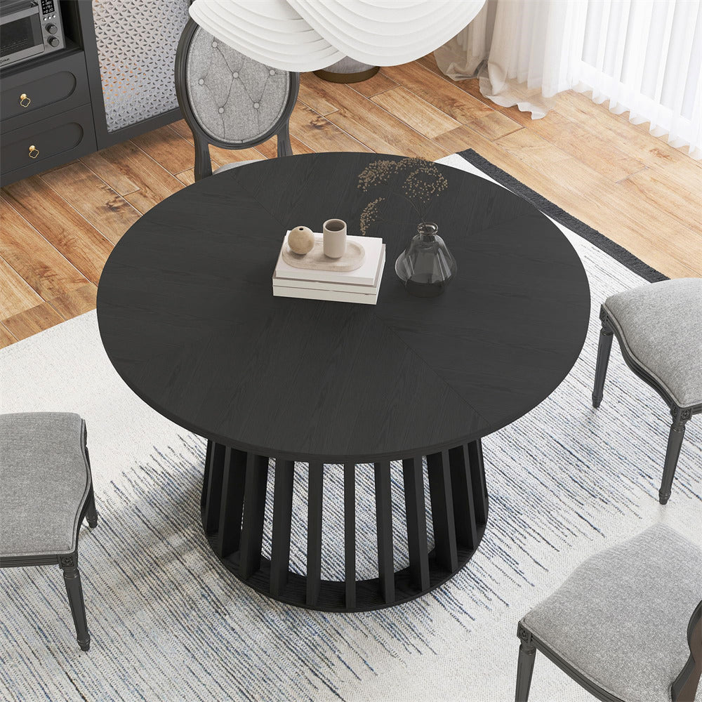 Black 47 Inch Rustic Round Dining Table Farmhouse Kitchen Table with Wood Strip Base