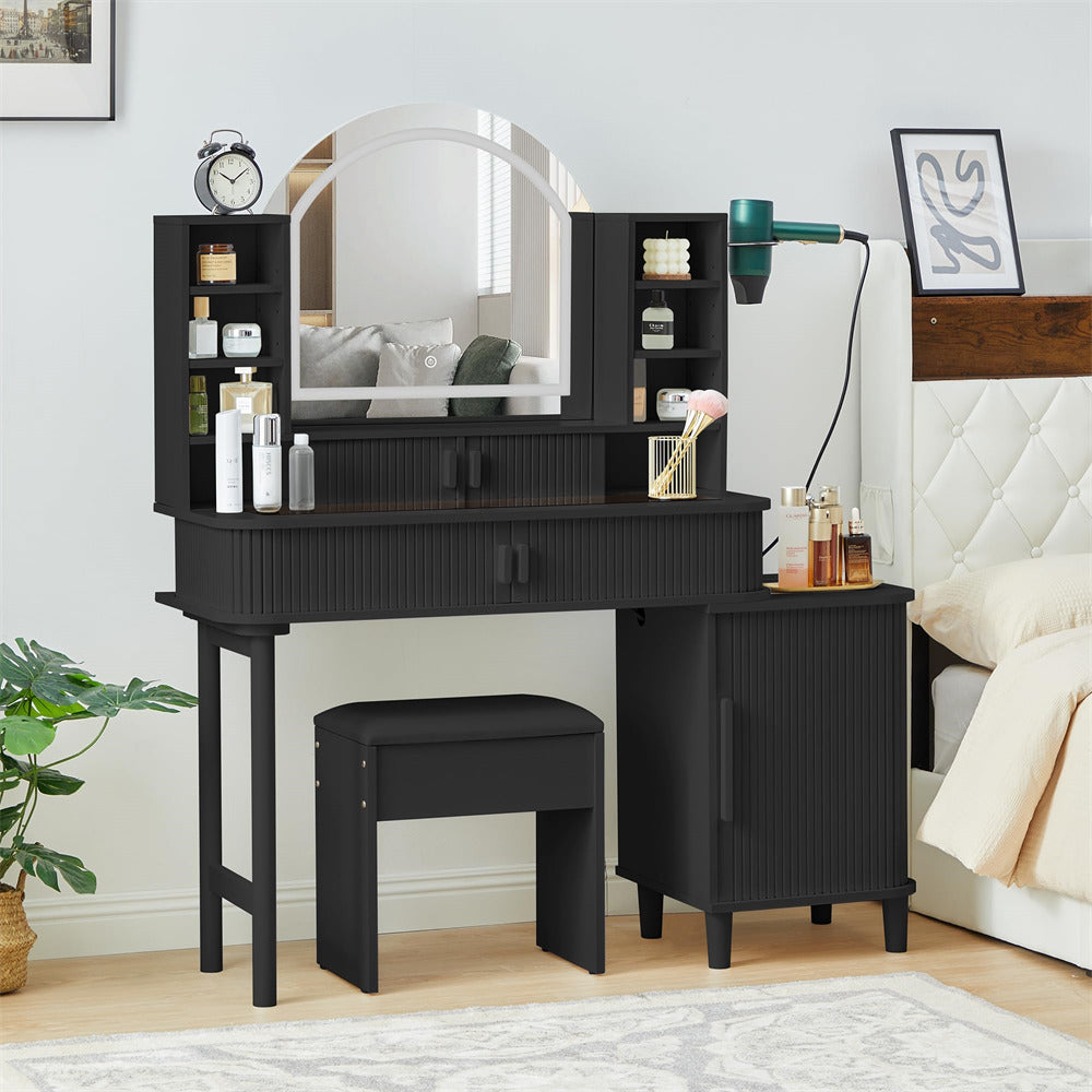 Black 47" Modern Makeup Vanity Glass Tabletop with Fluted Sliding Doors and Charging Station