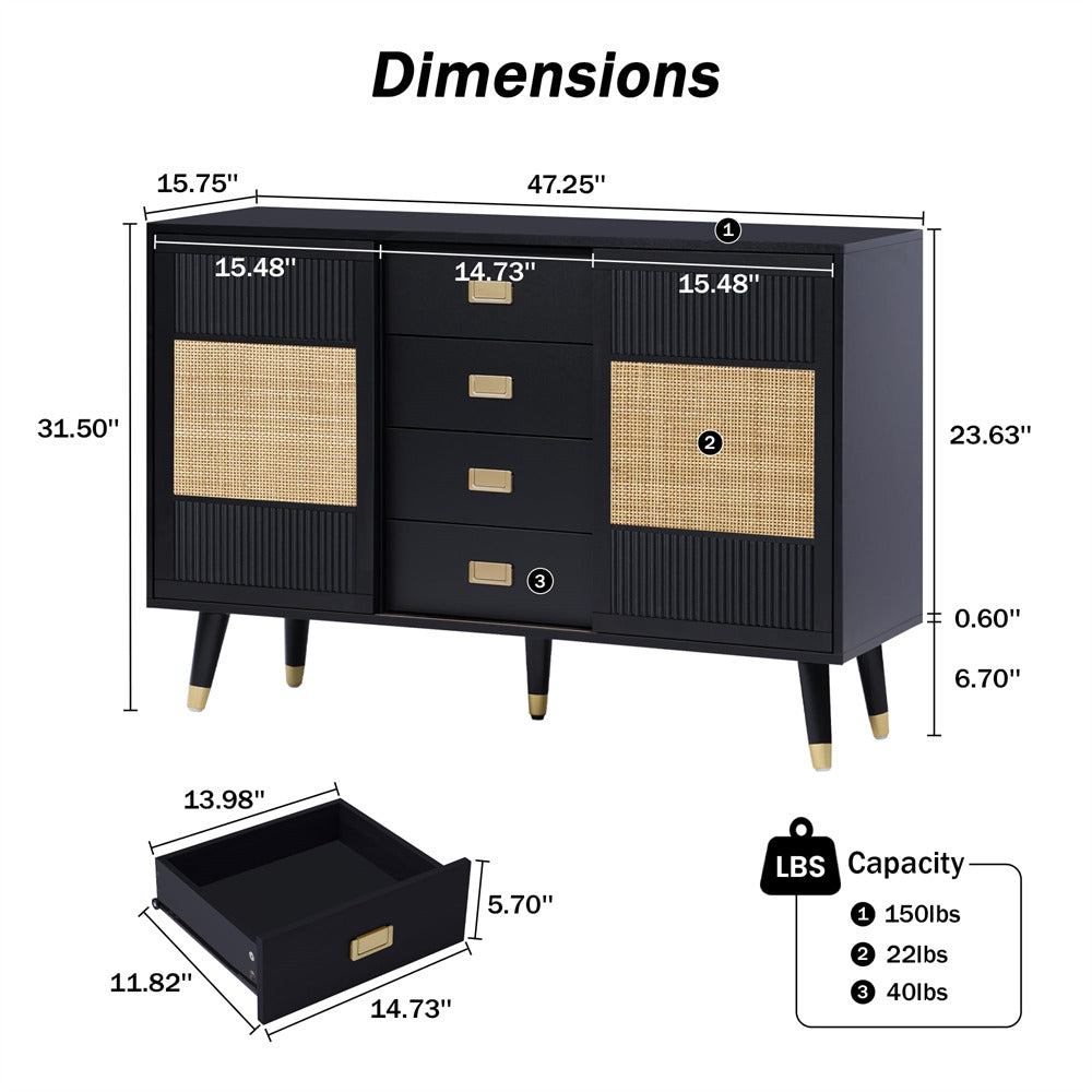 Black 47" Rattan Kitchen Storage Cabinet Sideboard Buffet with 2 Slide Doors and 4 Drawers