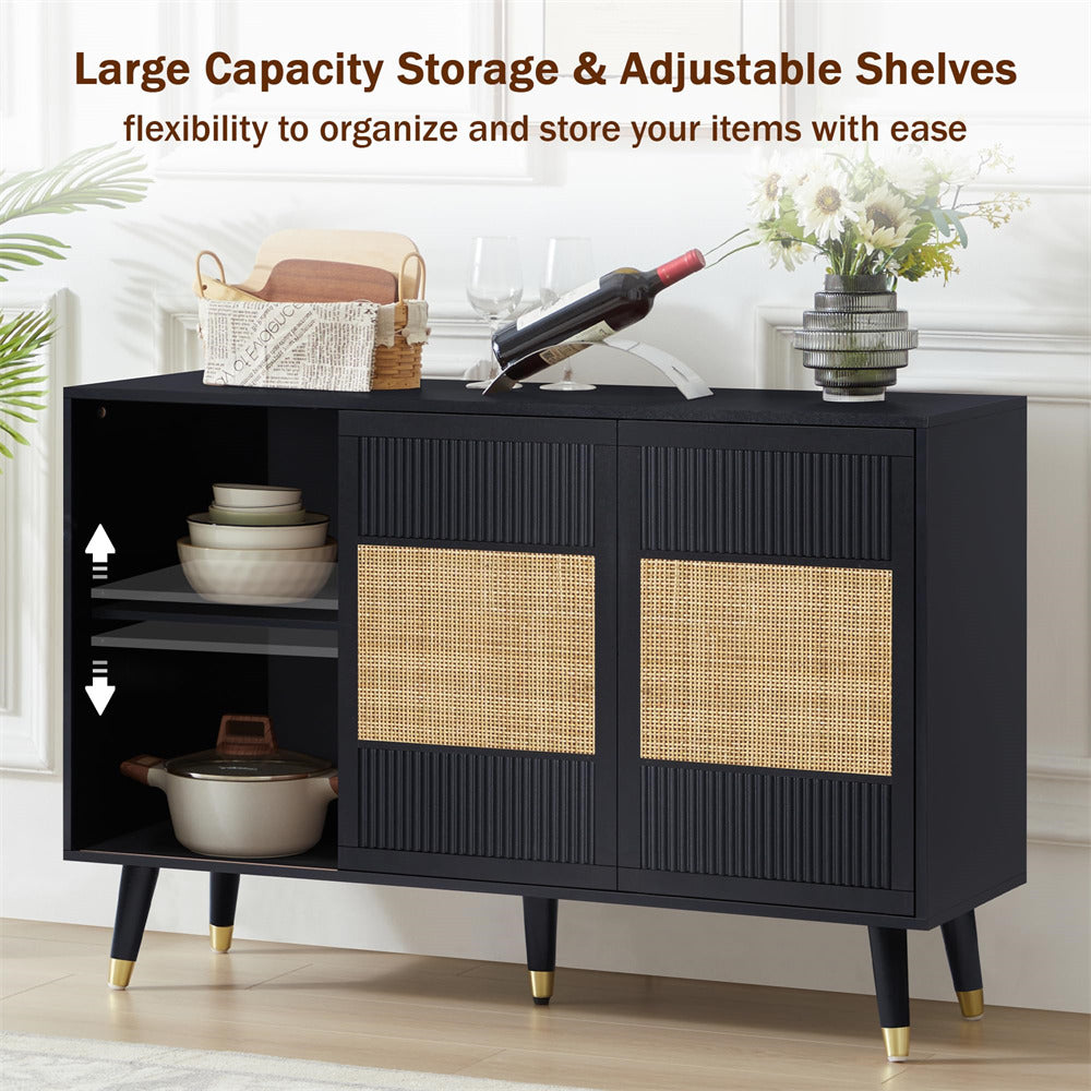 Black 47" Rattan Kitchen Storage Cabinet Sideboard Buffet with 2 Slide Doors and 4 Drawers