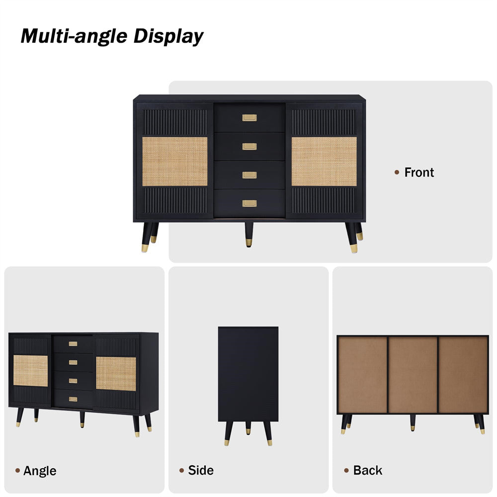 Black 47" Rattan Kitchen Storage Cabinet Sideboard Buffet with 2 Slide Doors and 4 Drawers