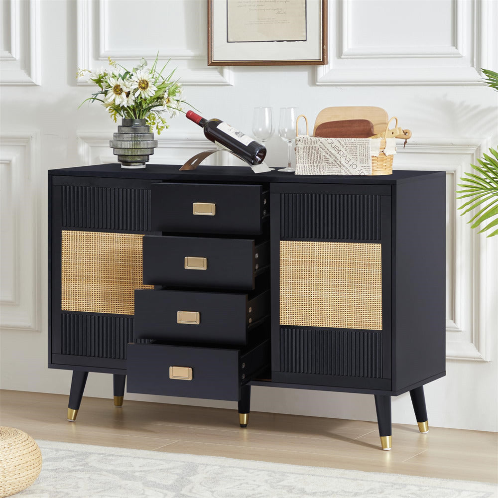 Black 47" Rattan Kitchen Storage Cabinet Sideboard Buffet with 2 Slide Doors and 4 Drawers