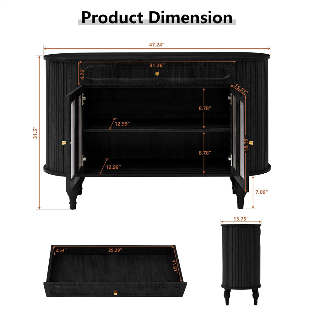 Black 47'' Modern Fluted Sideboard Storage Cabinet Console Table with Tambour Sliding Side