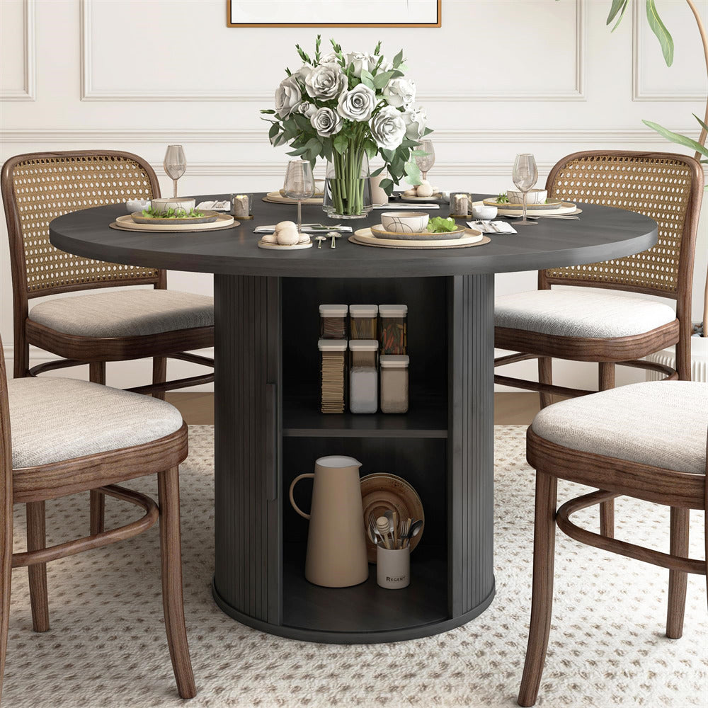 Black 47 inch Round Kitchen Dining Table for 4 with 2-Layer Storage Shelf and Wood Slide Door