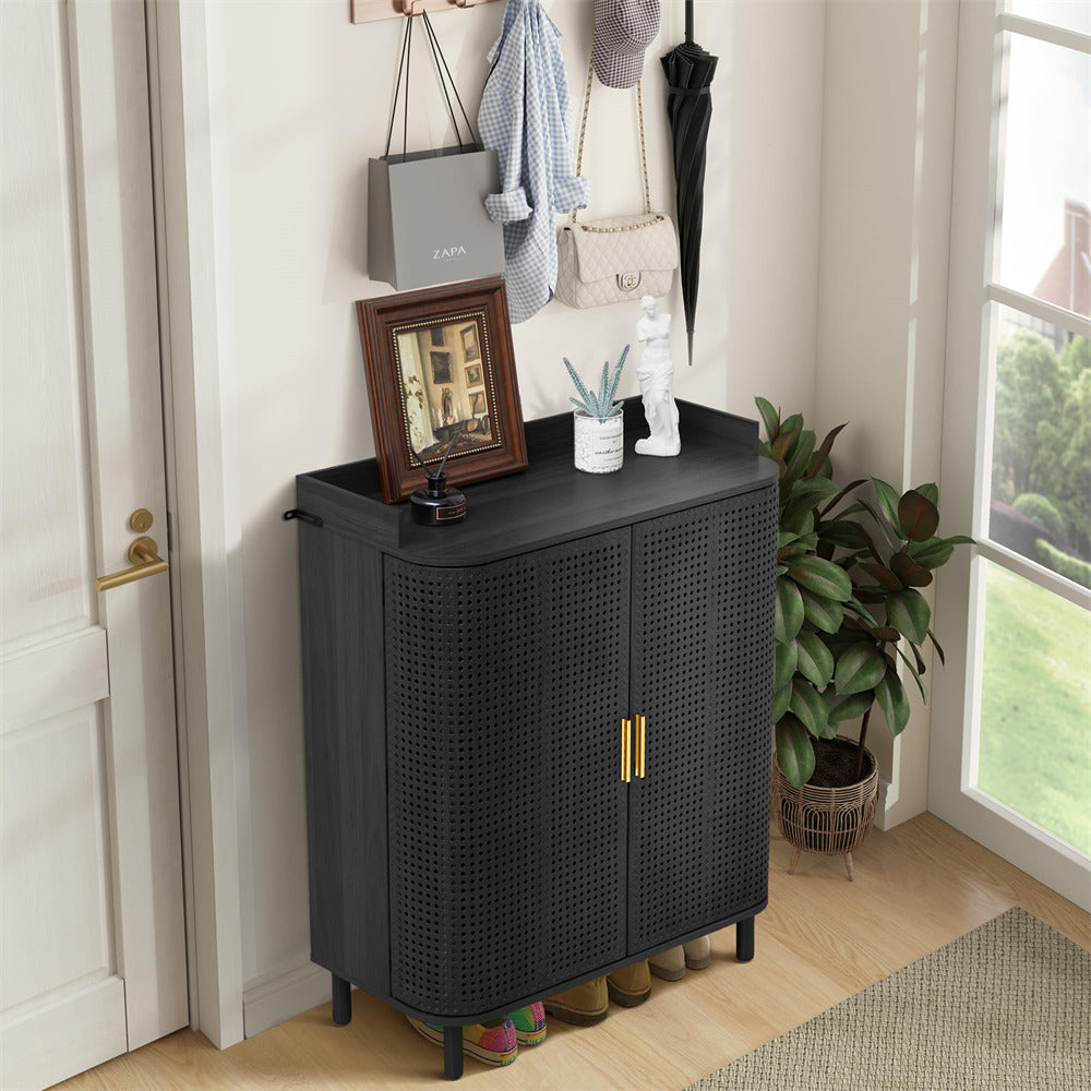 Black 5 Tier Boho Wooden Shoe Cabinet Storage Organizer with Adjustable Shelves and Iron Rattan Curved Doors