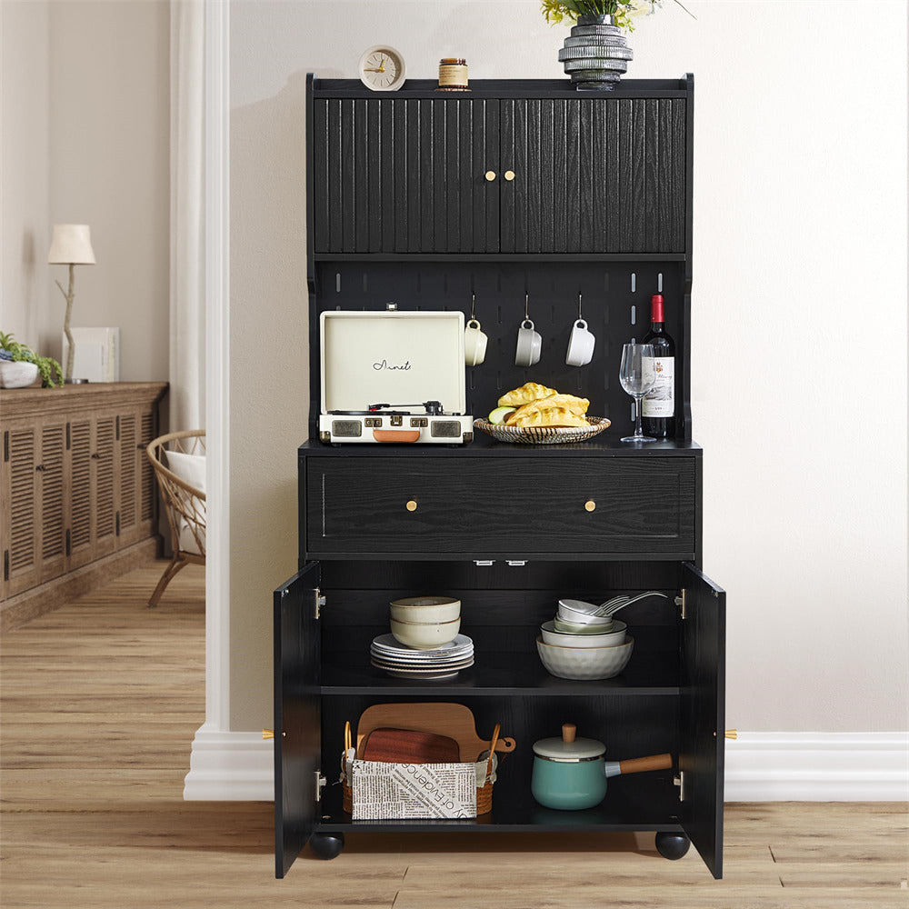 Black 63" Kitchen Pantry Cabinet Buffet Sideboard with Microwave Stand and Charging Station