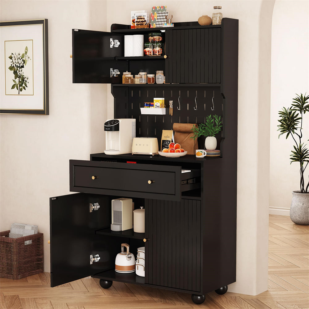 Black 63" Kitchen Pantry Cabinet Buffet Sideboard with Microwave Stand and Charging Station