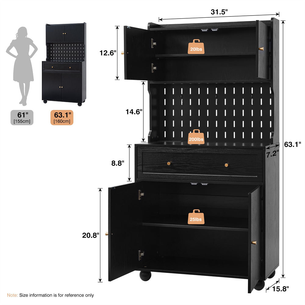 Black 63" Kitchen Pantry Cabinet Buffet Sideboard with Microwave Stand and Charging Station