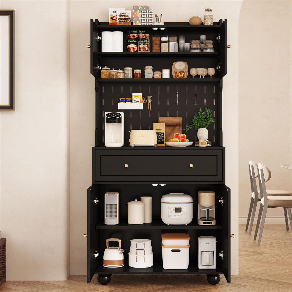 Black 63" Kitchen Pantry Cabinet Buffet Sideboard with Microwave Stand and Charging Station