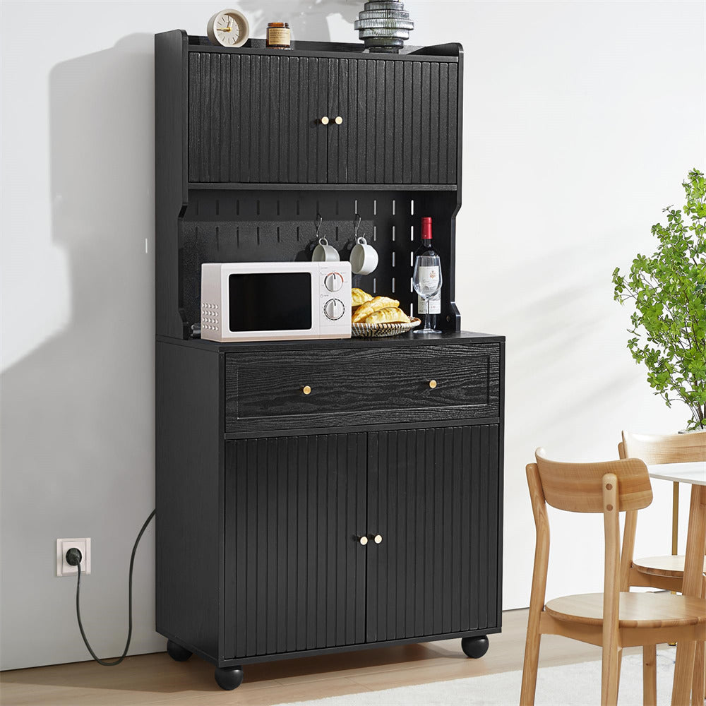 Black 63" Kitchen Pantry Cabinet Buffet Sideboard with Microwave Stand and Charging Station