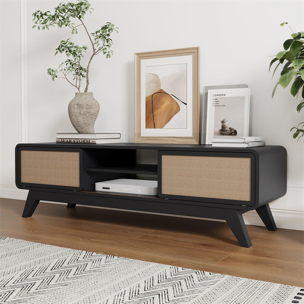 Black 65 Inch Boho Wooden TV Stand Modern Entertainment Center with Storage and Nature Linen Doors