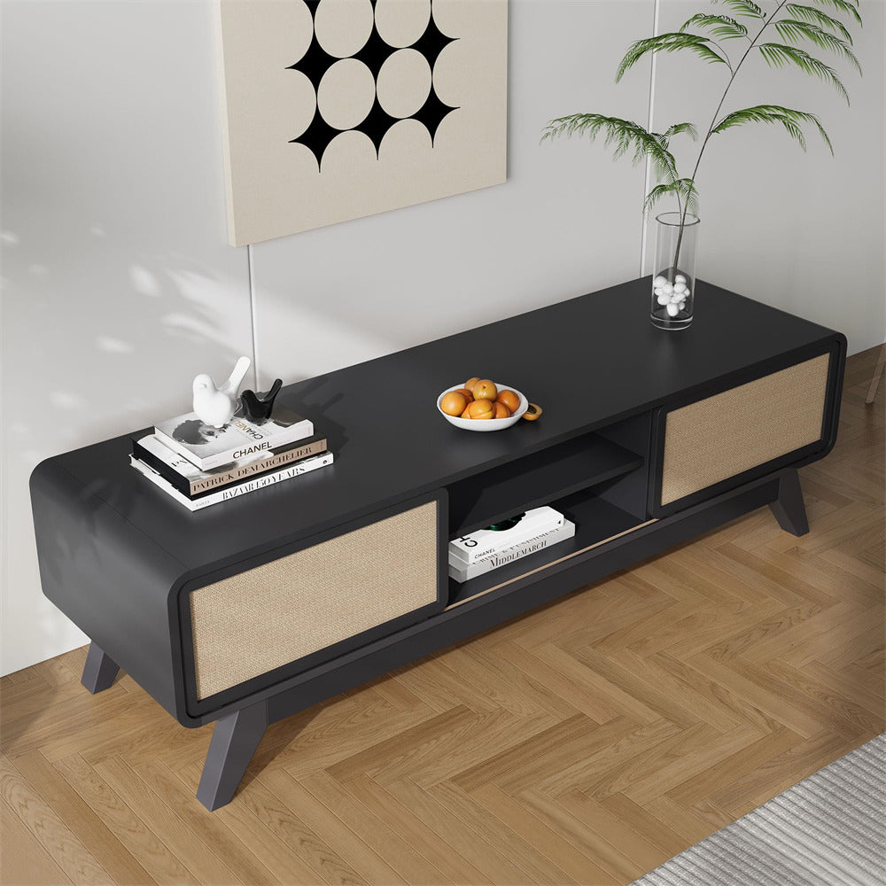 Black 65 Inch Boho Wooden TV Stand Modern Entertainment Center with Storage and Nature Linen Doors