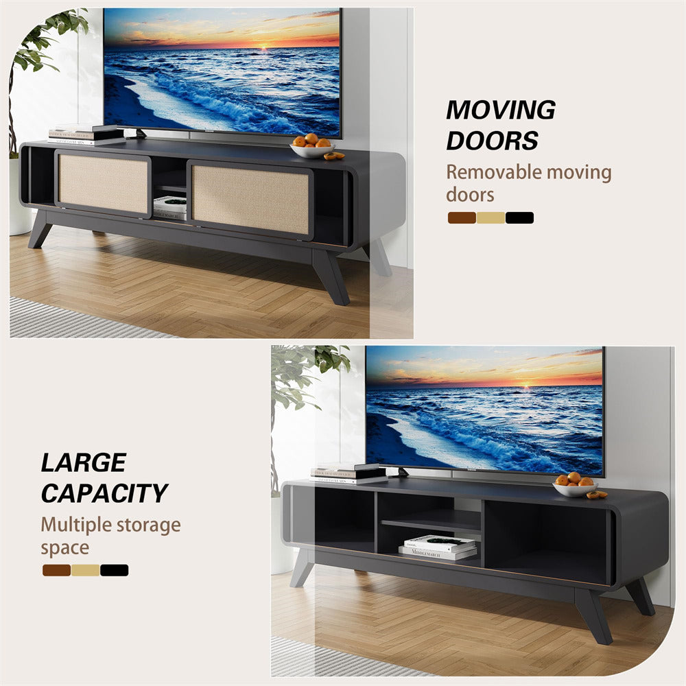 Black 65 Inch Boho Wooden TV Stand Modern Entertainment Center with Storage and Nature Linen Doors