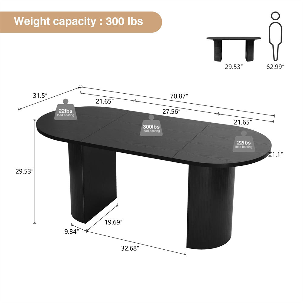 Black 70.8 Inch Modern Farmhouse Oval Kitchen Dining Table with Semi-Cylindrical Legs Base