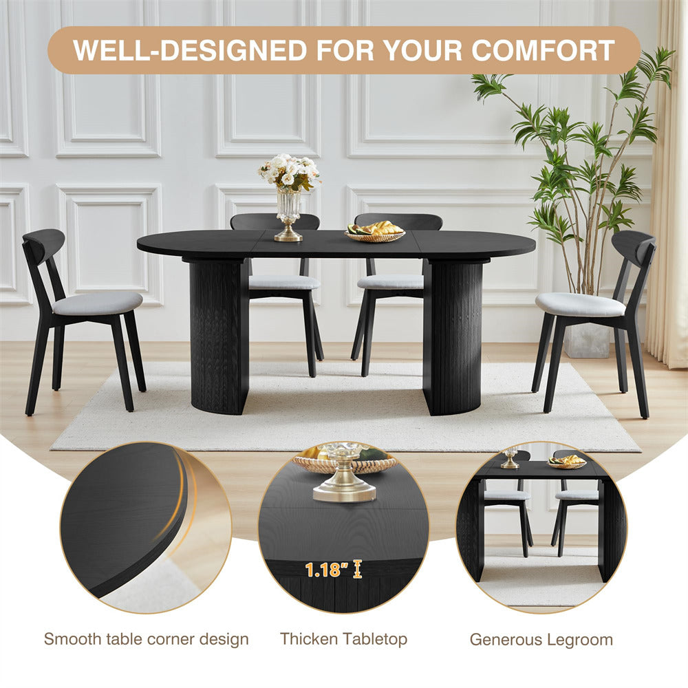 Black 70.8 Inch Modern Farmhouse Oval Kitchen Dining Table with Semi-Cylindrical Legs Base