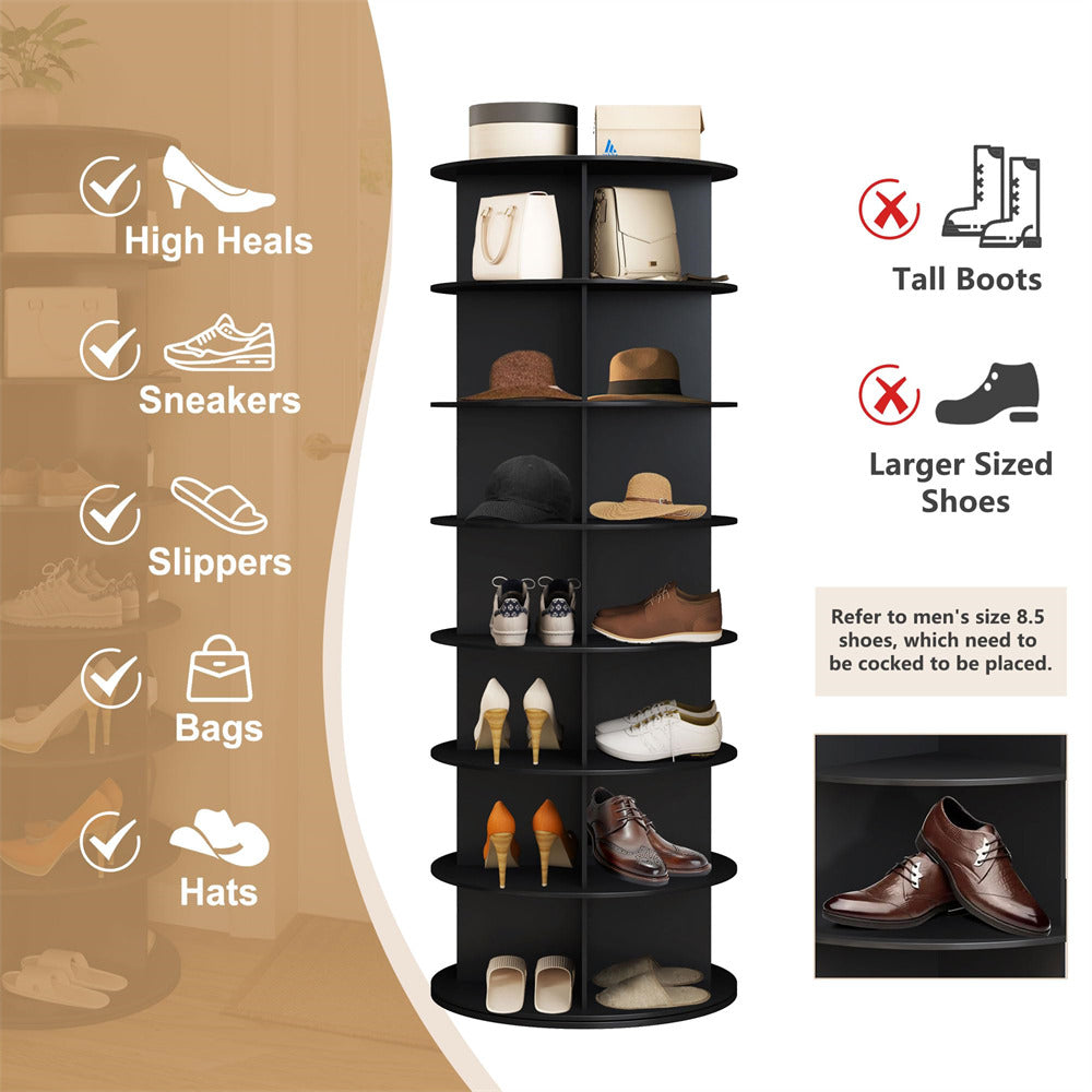 Black 7 Tier Rotating Shoe Rack Tower 360 Spinning Vertical Shoe Storage Rack