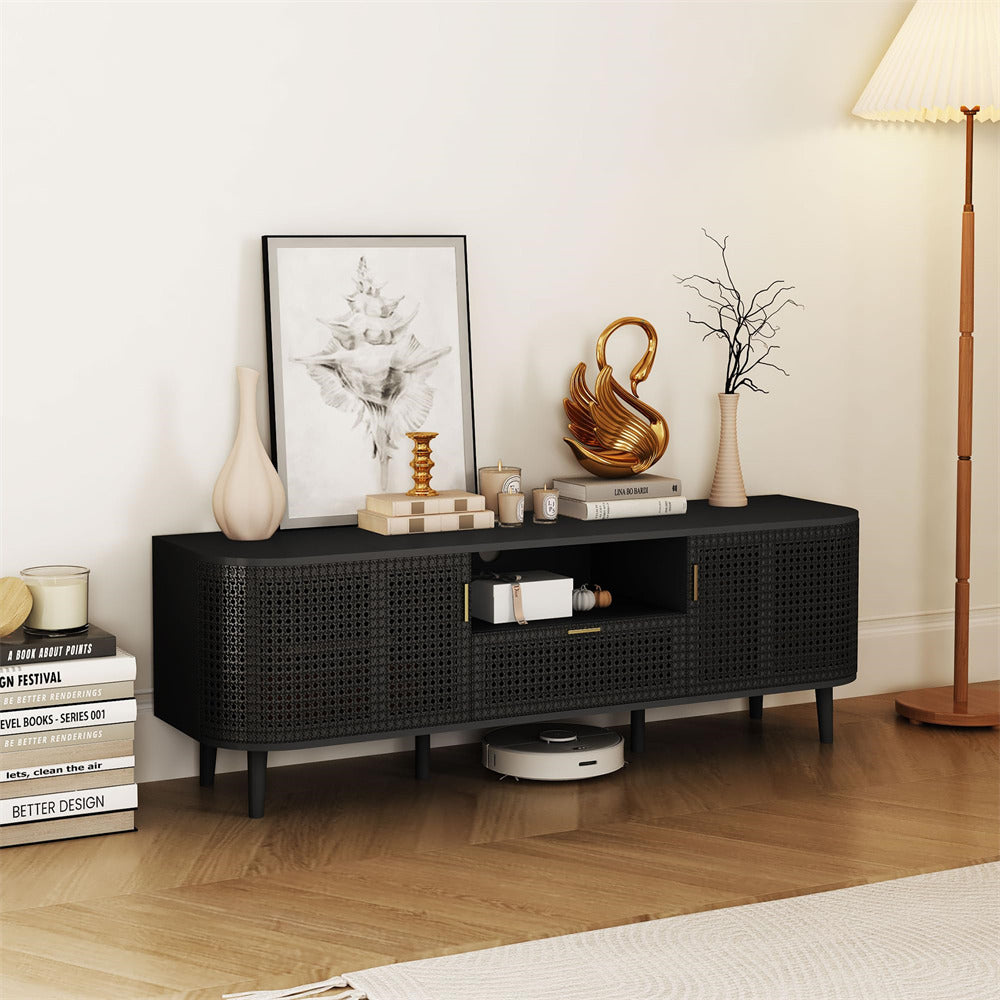 Black Boho Wooden Console Table TV Stand Up to 65 Inch with Curved Iron Rattan Doors and Drawer