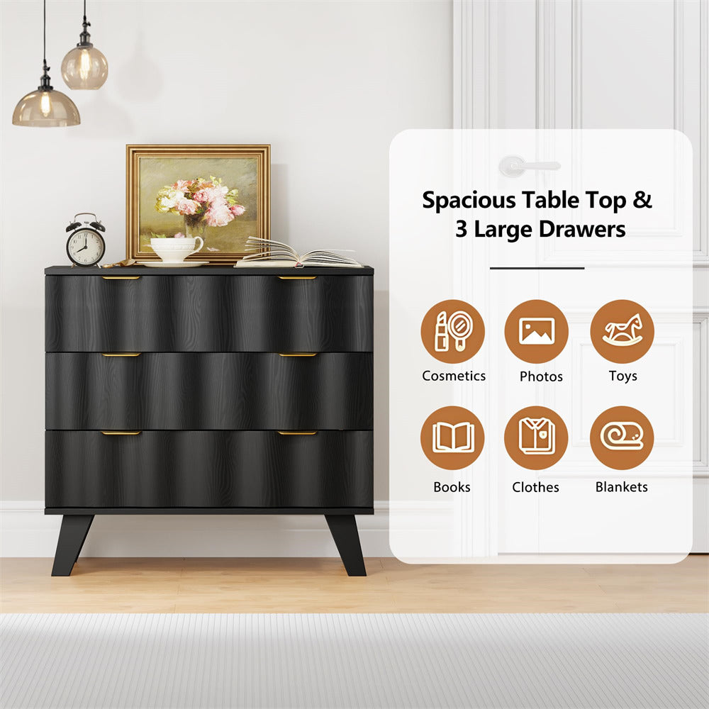 Black Fluted 3 Drawer Dresser Storage Accent Cabinet with Metal Handles and Wooden Legs