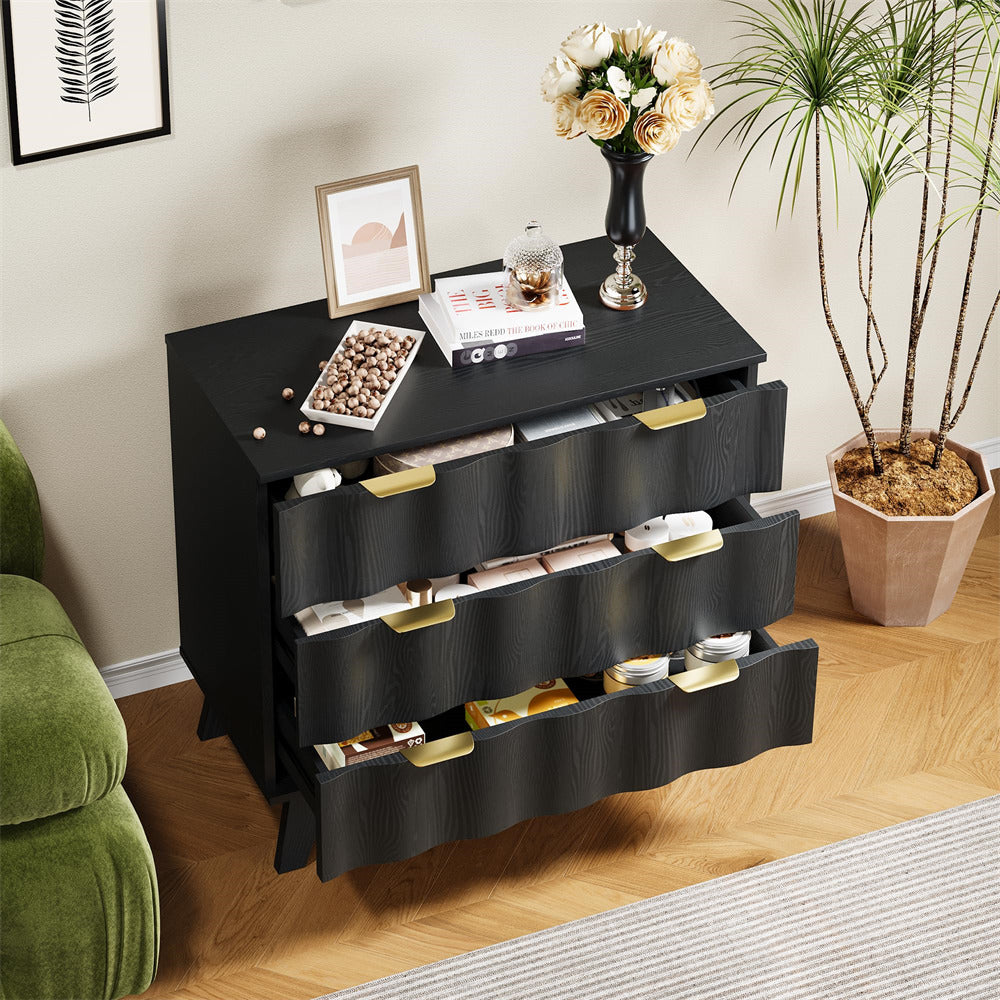 Black Fluted 3 Drawer Dresser Storage Accent Cabinet with Metal Handles and Wooden Legs