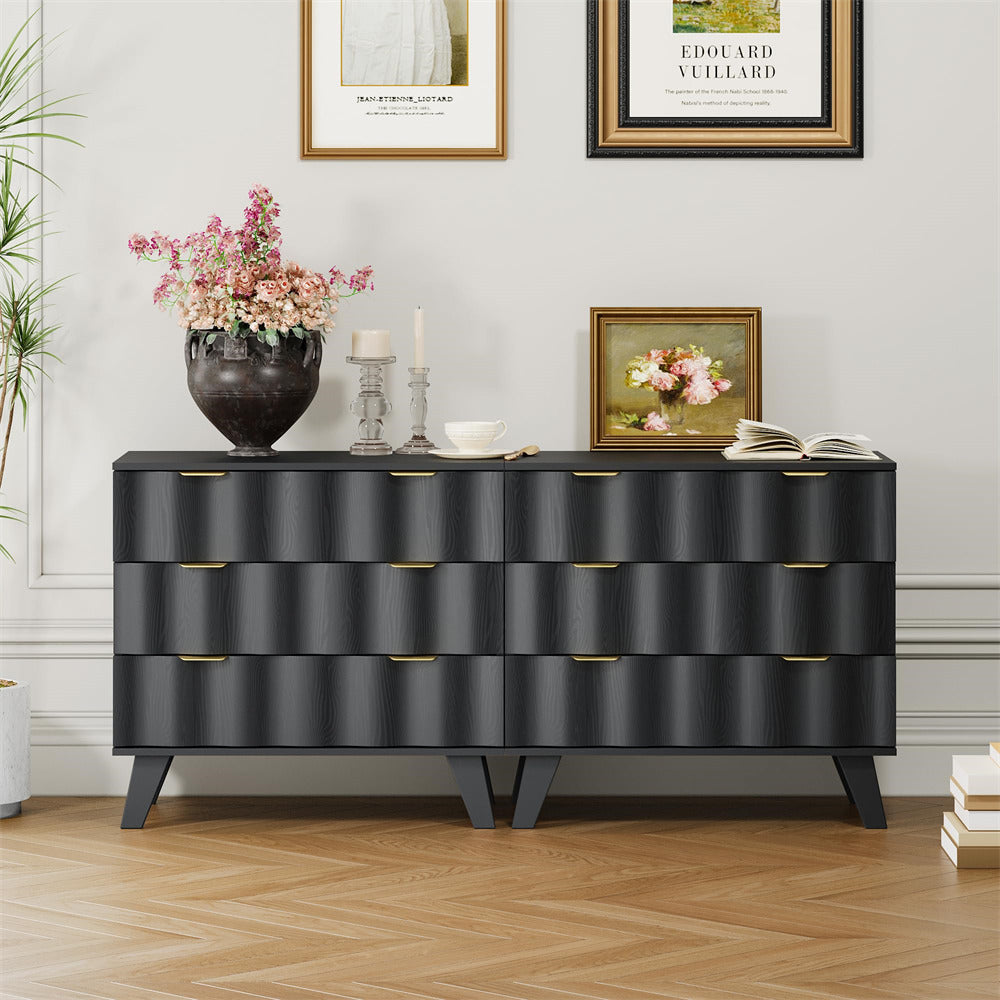 Black Fluted 3 Drawer Dresser Storage Accent Cabinet with Metal Handles and Wooden Legs