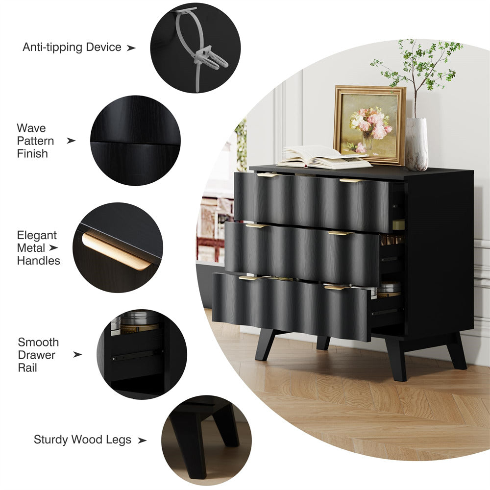 Black Fluted 3 Drawer Dresser Storage Accent Cabinet with Metal Handles and Wooden Legs