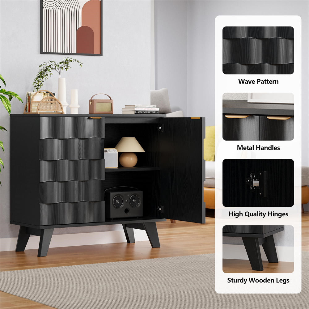 Black Fluted Storage Cabinet Sideboard Console Table with Adjustable Shelf and Metal Handles