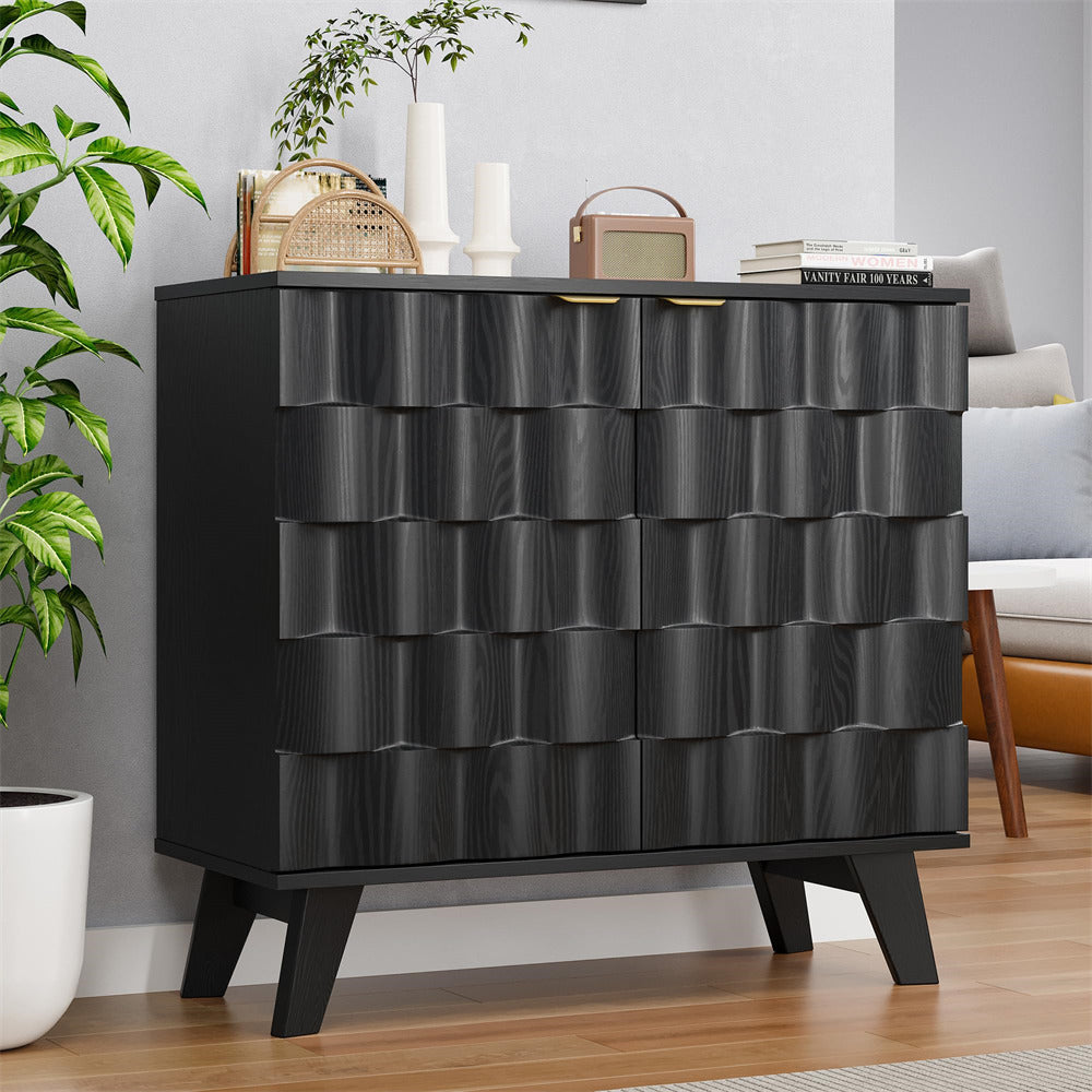 Black Fluted Storage Cabinet Sideboard Console Table with Adjustable Shelf and Metal Handles