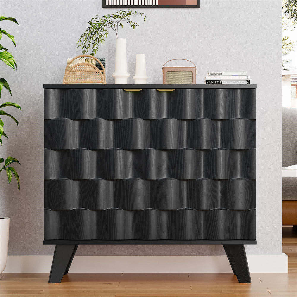 Black Fluted Storage Cabinet Sideboard Console Table with Adjustable Shelf and Metal Handles