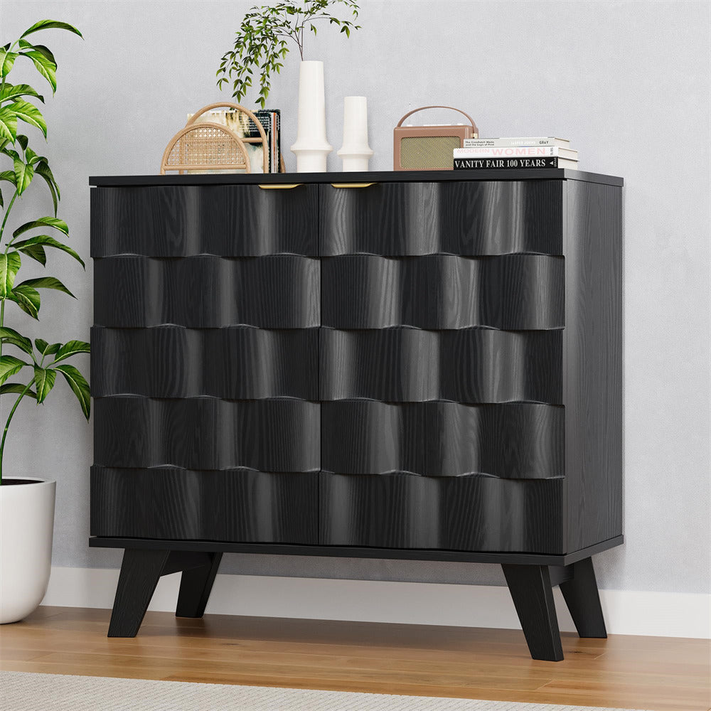 Black Fluted Storage Cabinet Sideboard Console Table with Adjustable Shelf and Metal Handles