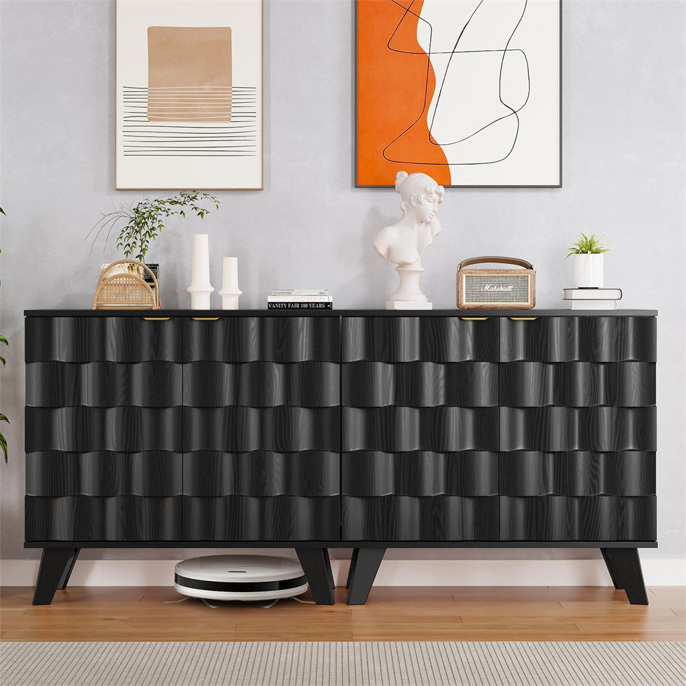 Black Fluted Storage Cabinet Sideboard Console Table with Adjustable Shelf and Metal Handles