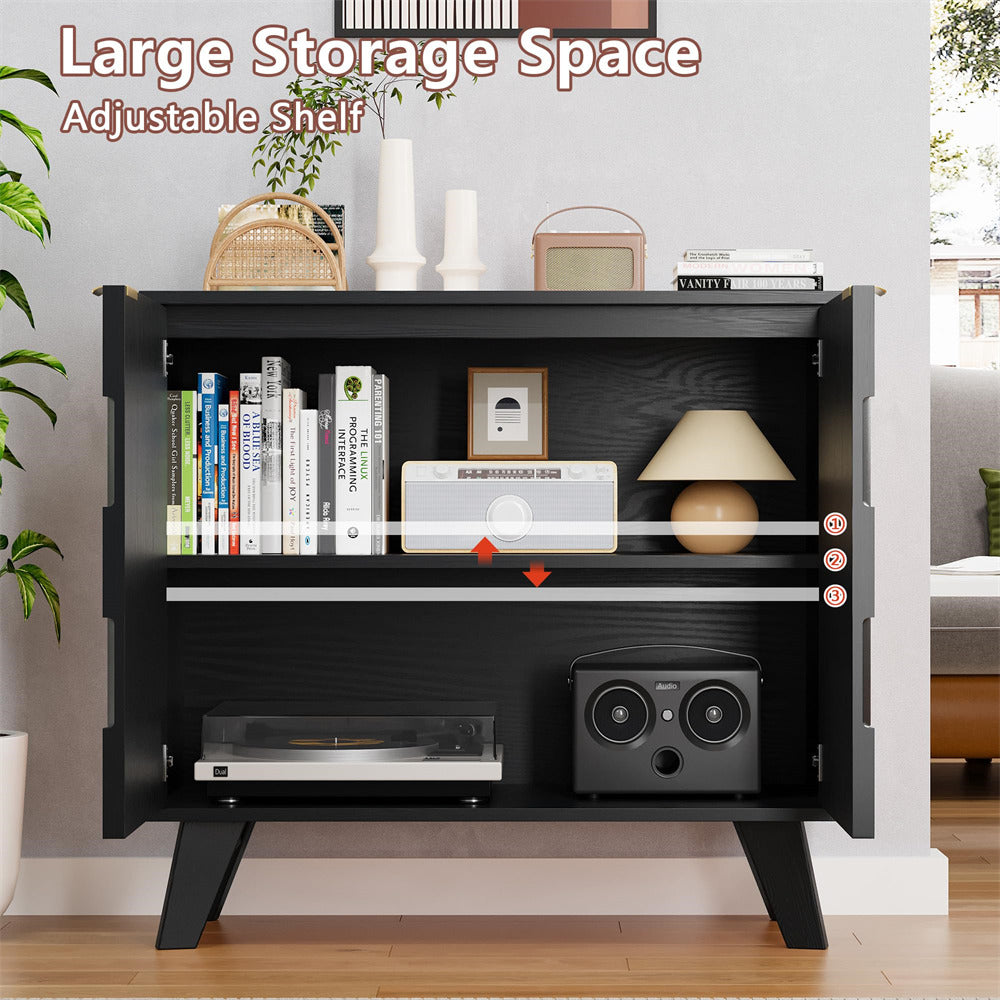 Black Fluted Storage Cabinet Sideboard Console Table with Adjustable Shelf and Metal Handles