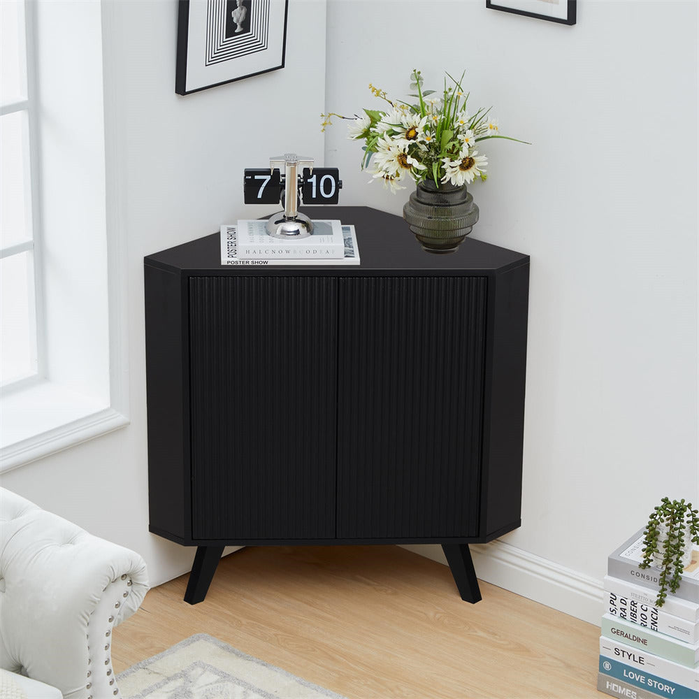 Black Freestanding Fluted Small Floor Corner Cabinet with Adjustable Shelve