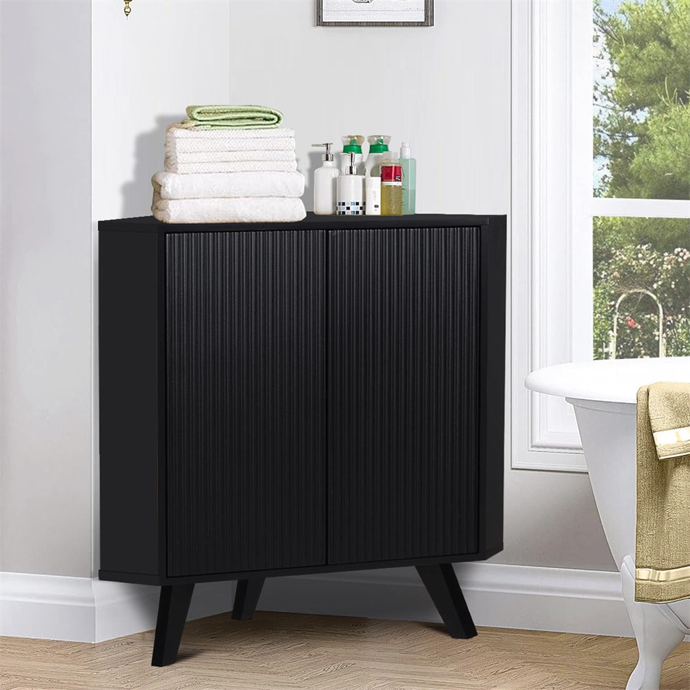 Black Freestanding Fluted Small Floor Corner Cabinet with Adjustable Shelve