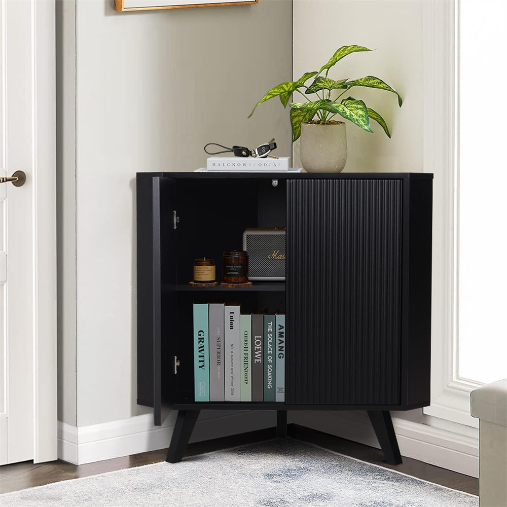 Black Freestanding Fluted Small Floor Corner Cabinet with Adjustable Shelve