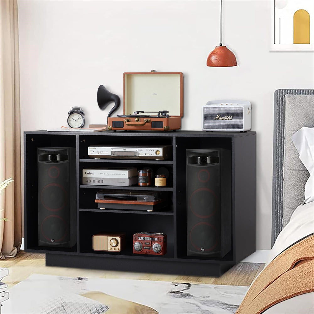 Black Media Console Stereo Cabinet Audio Rack with 3 Hight-Adjustable Shelves and 16 Cable Holes