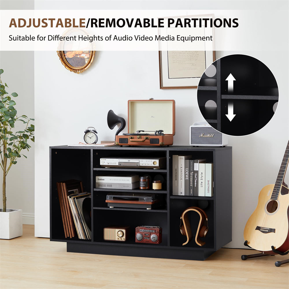 Black Media Console Stereo Cabinet Audio Rack with 3 Hight-Adjustable Shelves and 16 Cable Holes