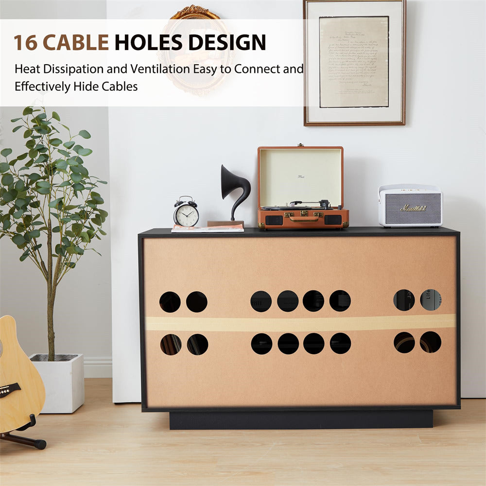 Black Media Console Stereo Cabinet Audio Rack with 3 Hight-Adjustable Shelves and 16 Cable Holes