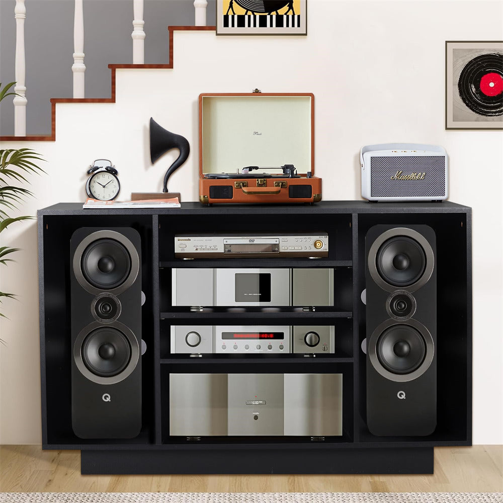 Black Media Console Stereo Cabinet Audio Rack with 3 Hight-Adjustable Shelves and 16 Cable Holes