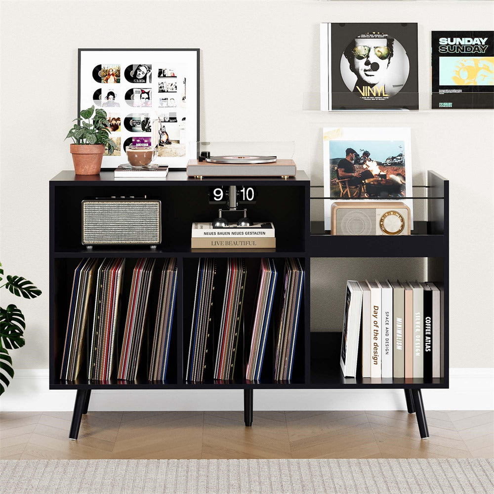 Black Mid Century Large Vinyl Record Display Stand Turntable Stand with Storage Space