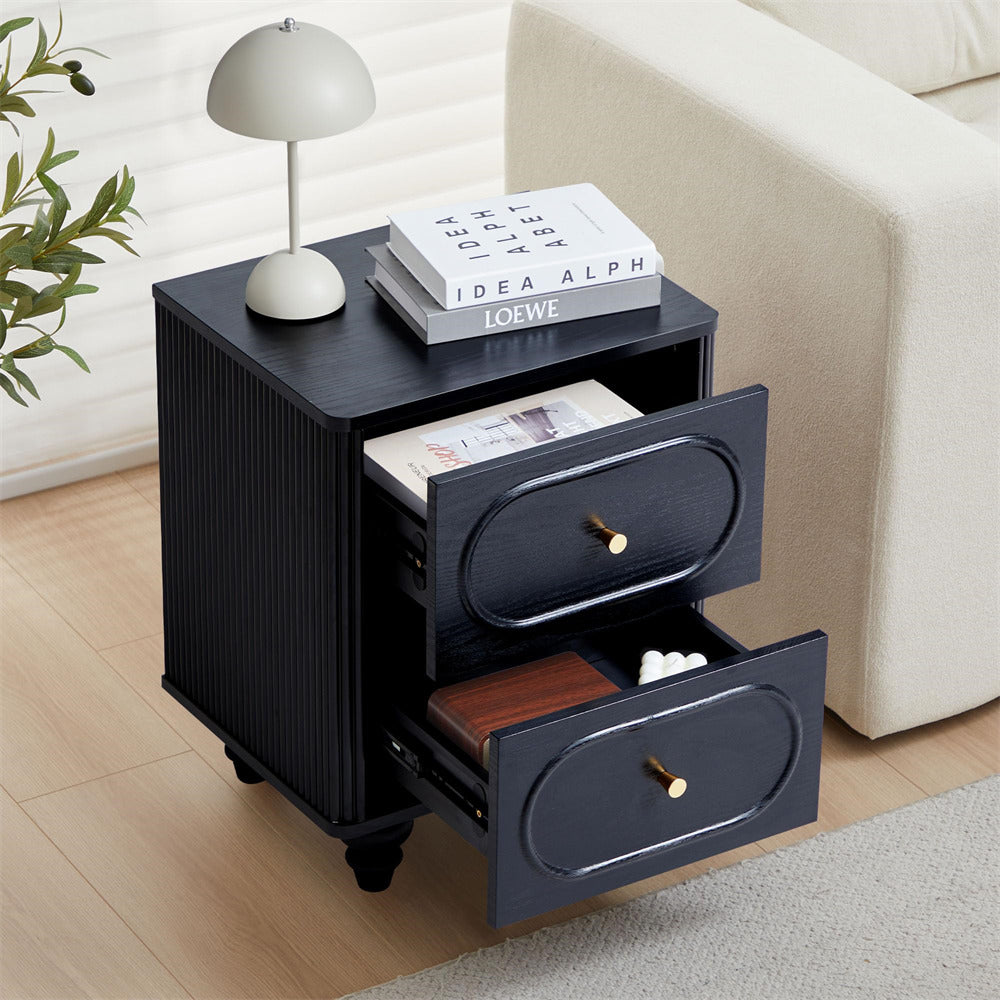 Black Mid Century Modern 2 Drawer Fluted Nightstand Set of 2