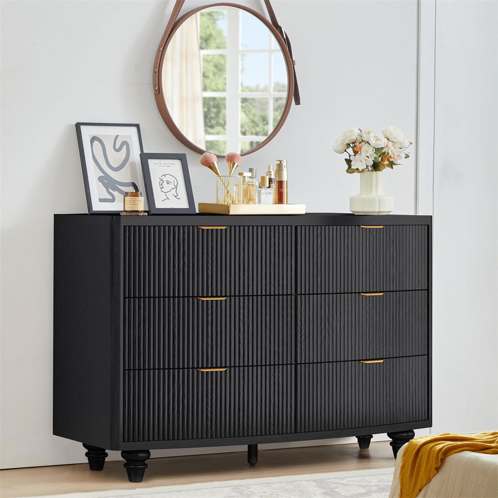 Black Mid Century Modern Fluted 6 Drawer Dresser Boho Storage Cabinet with Solid Wood Legs