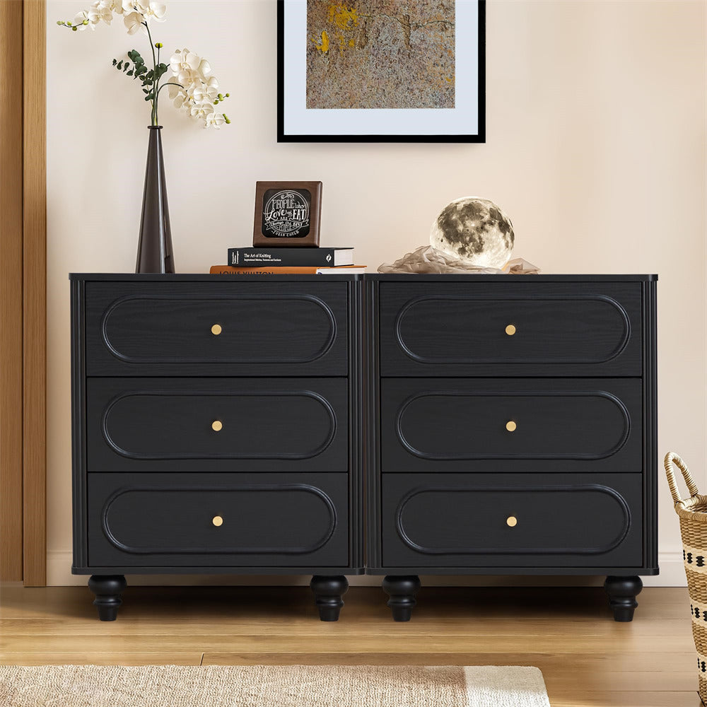 Black Mid Century Modern Wood Chest of Drawers 3 Drawer Fluted Dresser