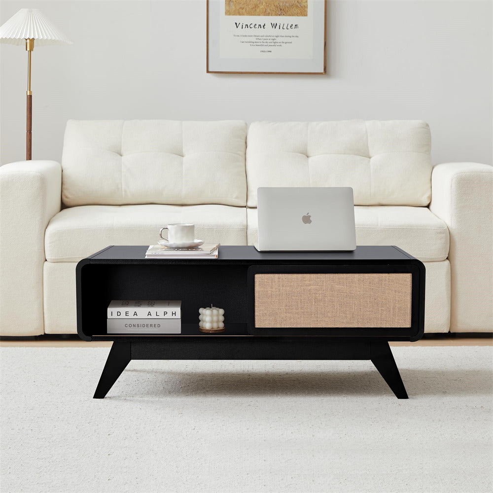 Black Mid Century Modern Wood Coffee Table with Sliding Linen Door Panel and Storage