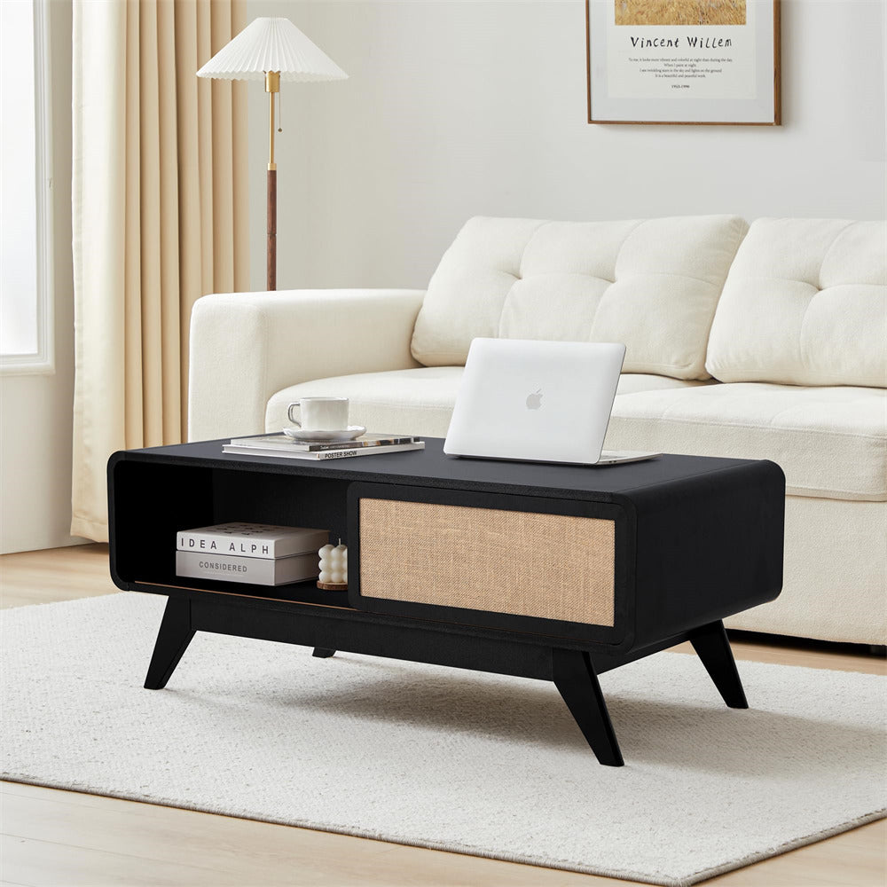 Black Mid Century Modern Wood Coffee Table with Sliding Linen Door Panel and Storage